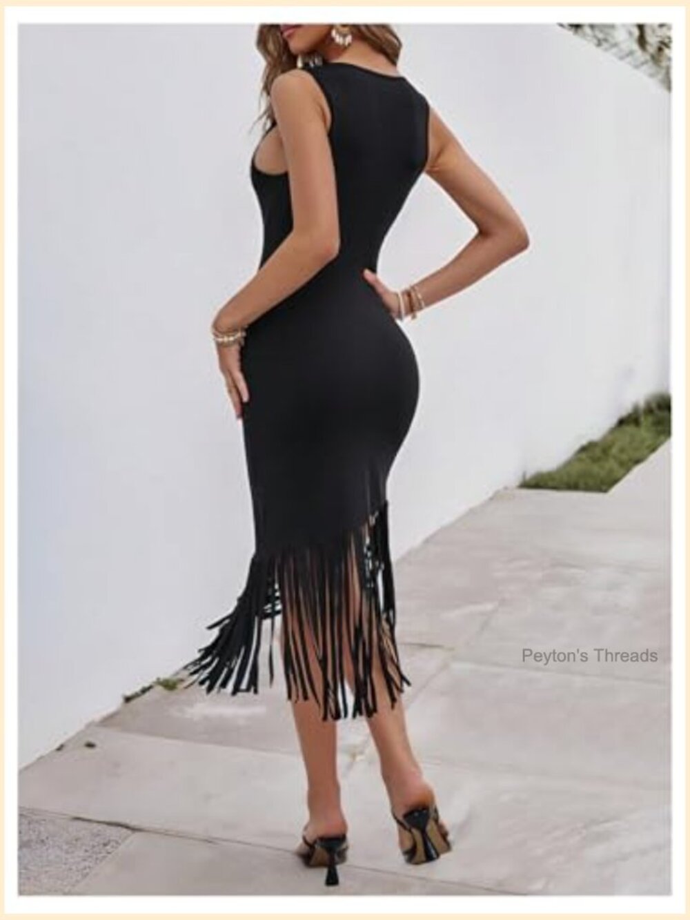 Fringe Bodycon Midi Dress Sleeveless Crew Neck Slim Fit Sundress - Picture 2 of 5